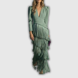Clara | Elegantní Dlouhý-Rukáv Fringe Maxi Šaty