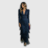 Clara | Elegantní Dlouhý-Rukáv Fringe Maxi Šaty