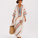 Amira — Bílý Etnický-Potisk Kaftan