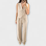 Hazel - Stylový Plain Véčkový-Krk Waistcoat a Trouser Dva-Kousek Ensemble